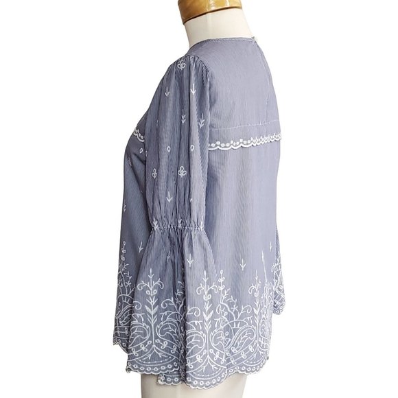 J. Crew Tunic Top Blue/White Pinstripe Embroidered Bell Sleeves Scalloped Sz S - Picture 7 of 8